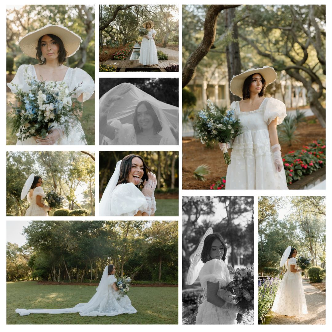 Editorial bridal collage in garden setting